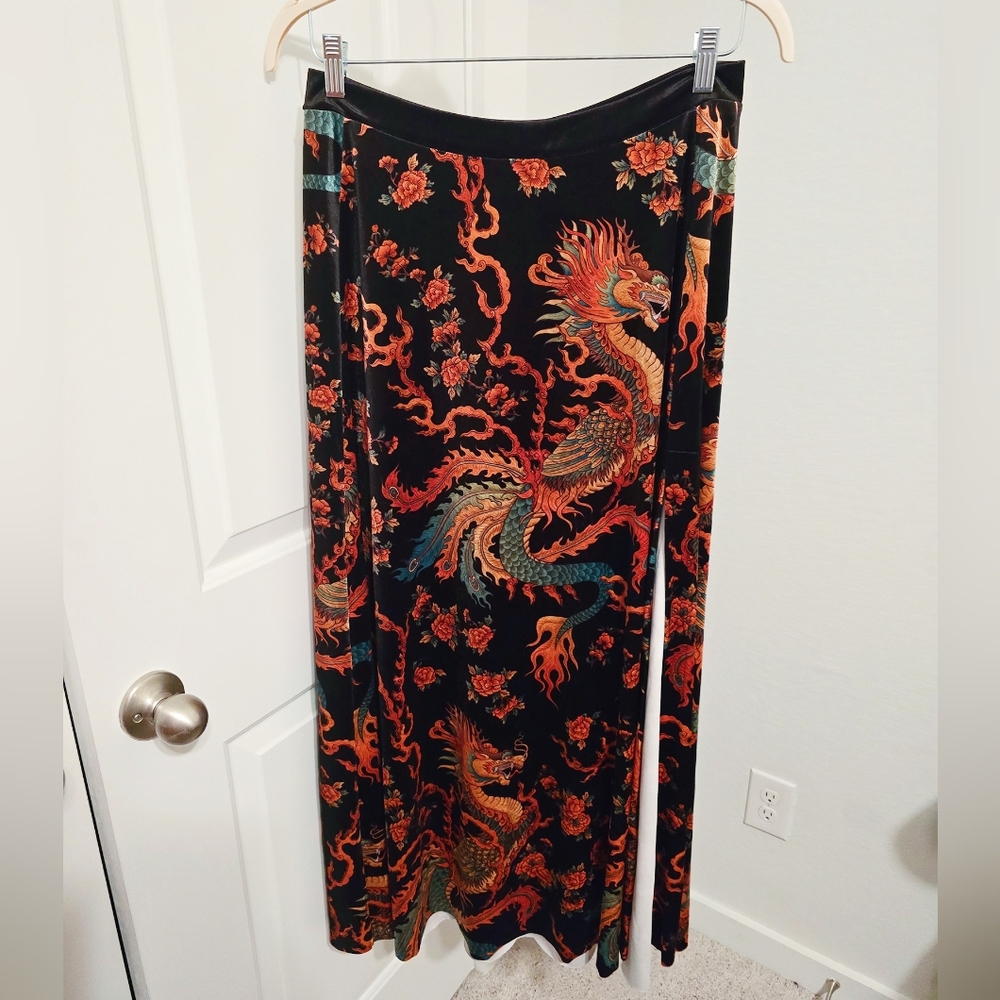 Blackmilk Maxi Skirt with Orange & Green Dragon Print - Picture 4 of 5